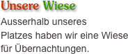 Unsere Wiese
Ausserhalb unseres 
Platzes haben wir eine Wiese 
für Übernachtungen.